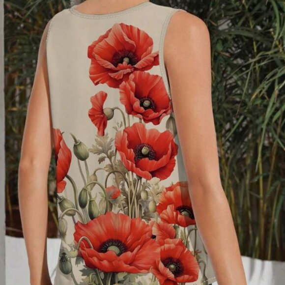 NEW Sz S Red Poppy Office Casual V-neck Summer Top - Picture 2 of 4